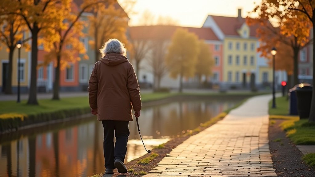 Pensionārs staigā pa kanāla taku, skaisti krāsoti mājas fono